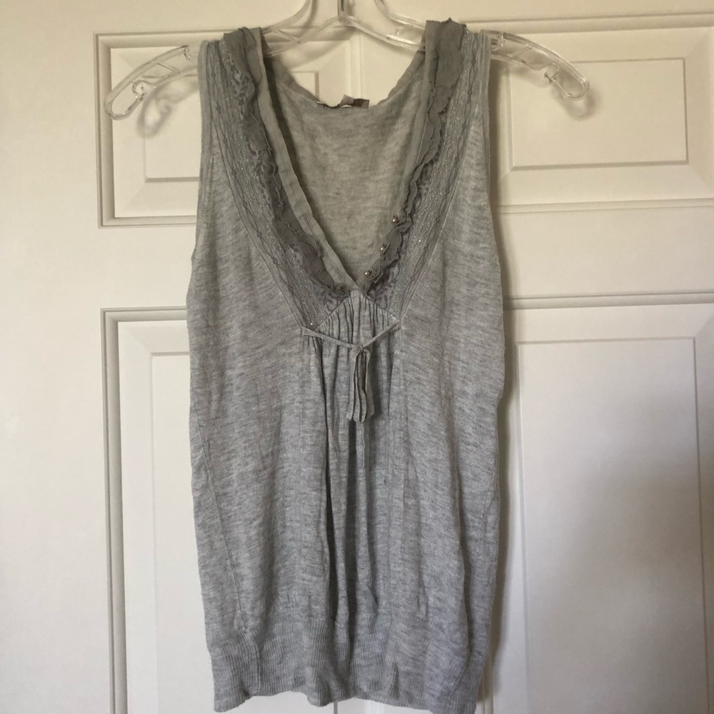 Kookai gray knit blouse w/ chiffon & pearl detail
